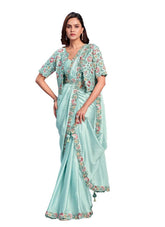 Aqua Blue Crape Satin Silk Embroidered Ready to Wear Saree